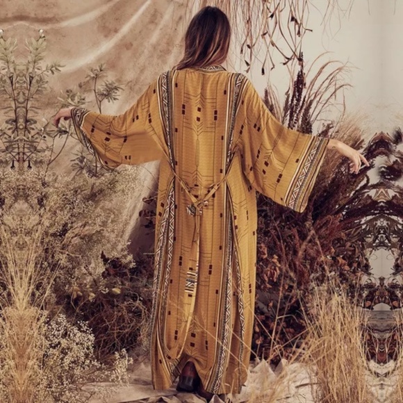 Tops - Mustard Tribal Aztec Western Self Tie Kimono Duster Wrap Bohemian Robe
